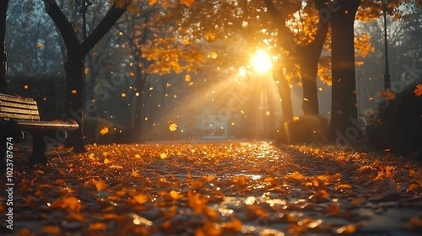 Fototapeta A park path covered in autumn leaves with sunlight shining through the trees.