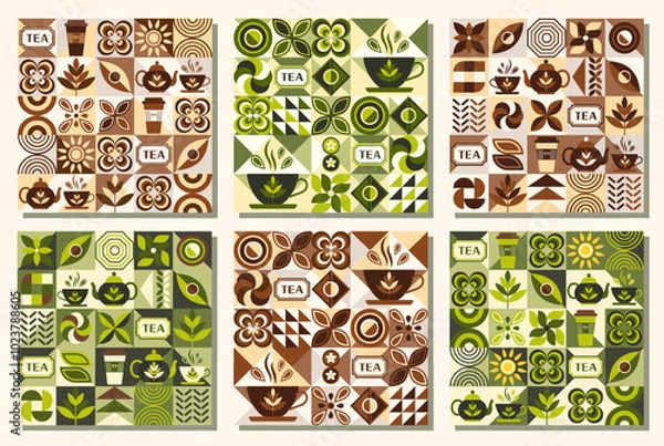 Fototapeta Patterns with icons for Black, Green tea, design elements in simple geometric style. Seamless background with abstract shapes. For branding, food package, cover design, textile kitchen prints