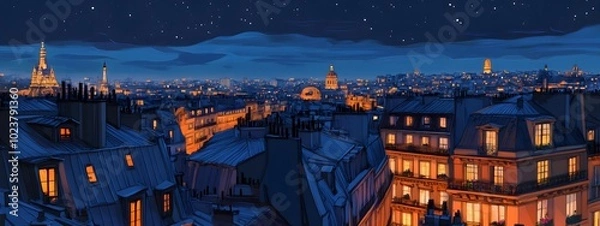 Fototapeta Flat illustration of the rooftops in Paris at night