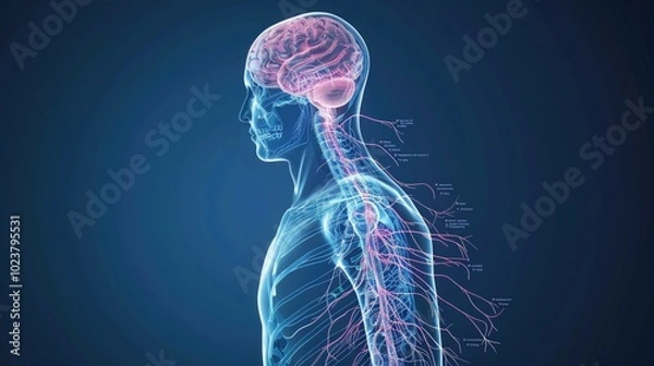 Fototapeta A digital rendering of a human brain and spine connected to a futuristic network of data points, symbolizing neuroscience, technology, and artificial intelligence
