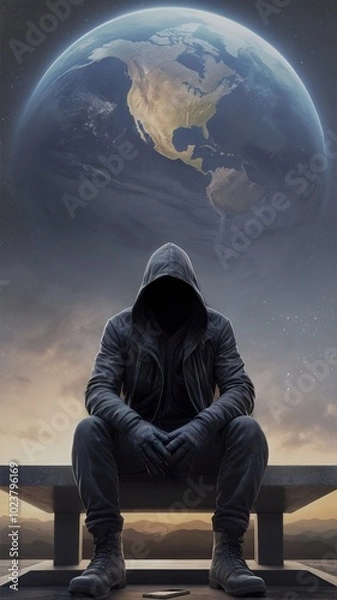 Fototapeta Illustration of a mysterious hooded man seated on a bench with a giant earth behind him.