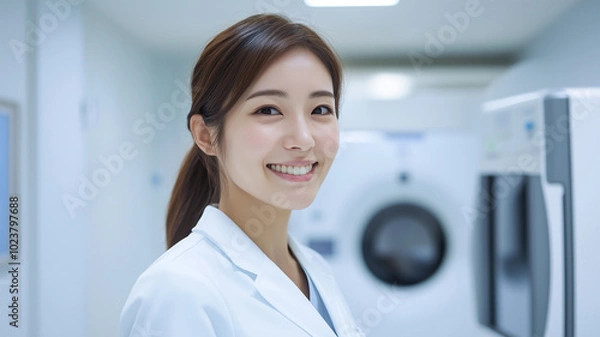 Fototapeta レントゲン室で患者を案内する日本人女性技師