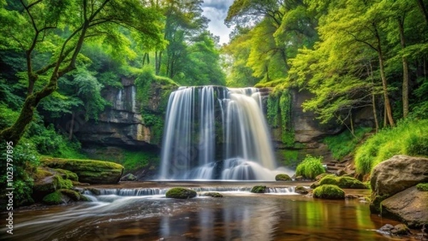 Fototapeta Minimalist enchanted oasis in deep forest waterfall