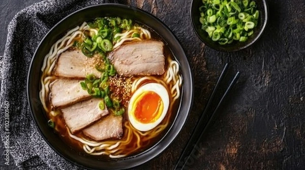 Obraz Delicious Ramen Bowl with Toppings and Green Onions