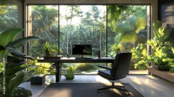 Fototapeta Modern Home Office with Large Window Overlooking Lush Greenery