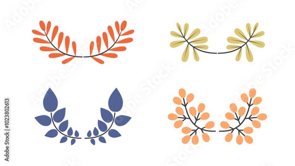Fototapeta Abstract leaves, geometric shapes. Set of design elements geometric colored branches with leaves, decorative laurel wreaths. Ornaments of herbs, flowers, plants