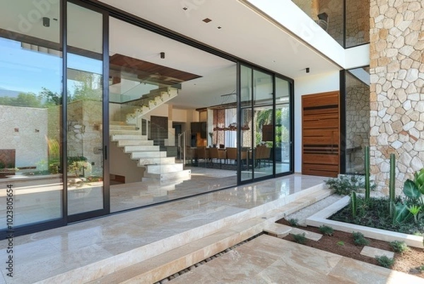 Fototapeta A large house with a pool and a patio, generative ai image