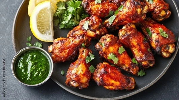 Obraz Spicy Chicken Wings with Fresh Herbs and Lemon Slices
