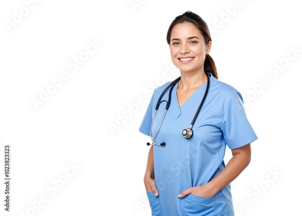 Fototapeta Smiling Young Female Nurse in Blue Scrubs with a Stethoscope. Portrait. Isolated on Transparent Background. PNG.