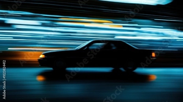 Fototapeta A black car driving through the city at night with blurred lights creating a dynamic streak effect.