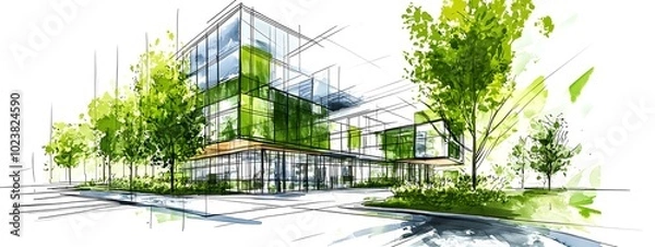 Fototapeta A sketch of an office building with green sustainable features on the facade, located in downtown