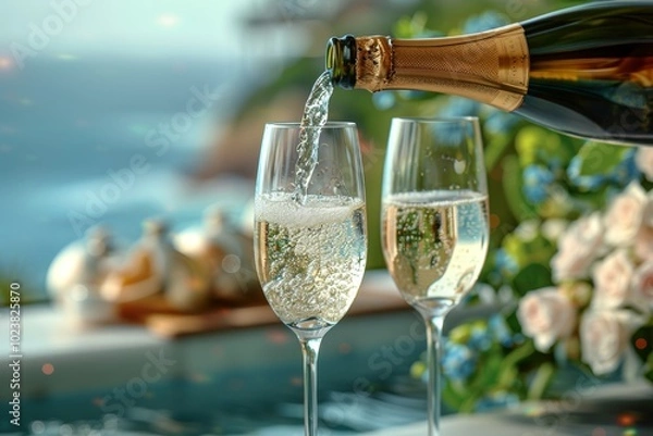 Fototapeta Charming scene of cold sparkling wine poured into coupe glasses with scenic sea view on table