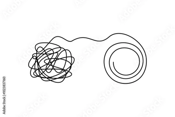 Fototapeta Concept psychology, mental health, ordering the inner world.  Tangled thoughts move into order. Line art on white background