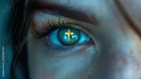 Fototapeta Closeup of eye reflecting cross symbol amidst illuminated particles. Beliver