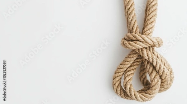 Fototapeta Natural, biodegradable jute rope tied in a secure knot or loop against a pristine white backdrop, showcasing its rustic charm and practical用途。 