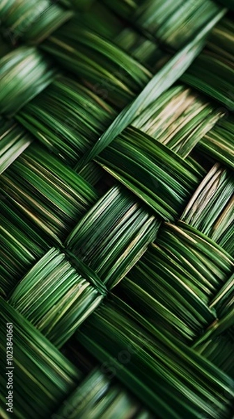 Fototapeta Close-up of green palm leaves woven into an intricate pattern, symbolizing the traditional artistry and craftsmanship