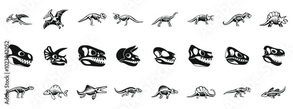 Fototapeta Dinosaur skeleton icons set. Dinosaur skeletons are showing anatomy of prehistoric animals that lived million years ago