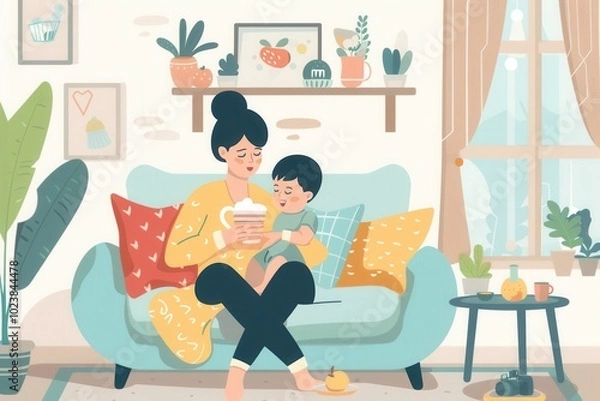 Fototapeta A caring mother sits on a sofa in a bright living room, feeding her happy baby with warmth and tenderness in a comforting environment. Generative AI
