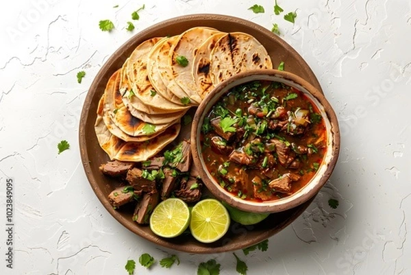 Obraz Authentic Mexican birria tacos with consommé, grilled tortillas, and fresh lime. Overhead view of a traditional Mexican dish for restaurant menus, food blogs, and taco promotions.