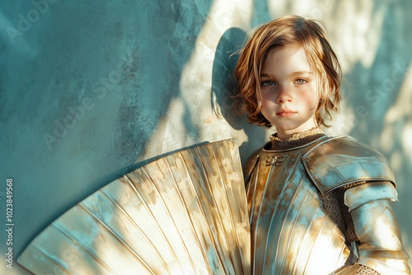 Fototapeta A portrait of young boy in a shining knight costume, holding a wodden shield