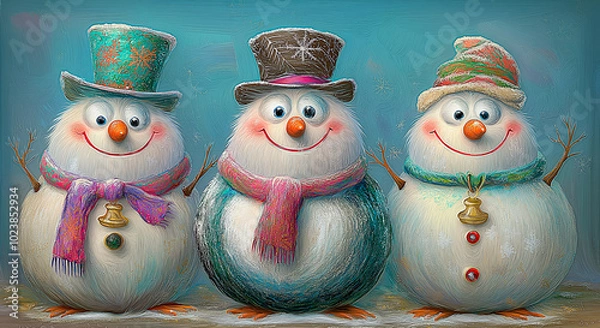 Obraz Three smiling snowmen.