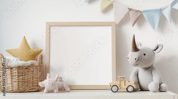 Fototapeta Nursery Room with Wooden Frame and Soft Toys â A cozy and cute nursery room setup with a blank wooden frame mockup on a white dresser. Soft toys like a stuffed rhino and star-shape