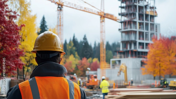 Obraz Construction Workers on Autumn Construction Site