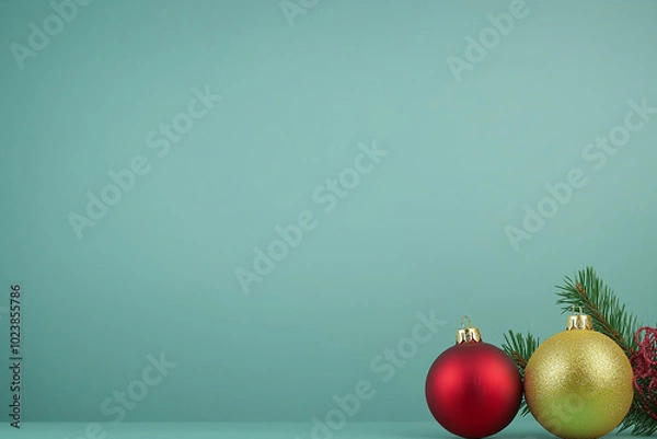 Obraz Red and gold Christmas ornaments with pine branches on teal background. Perfect for festive holiday decor, Christmas cards, or elegant seasonal decorations.