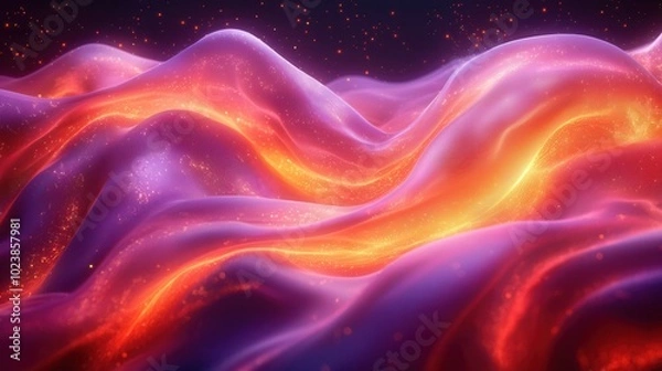 Fototapeta A vibrant and colorful illustration of flowing waves with shades of purple and orange, creating an ethereal atmosphere.