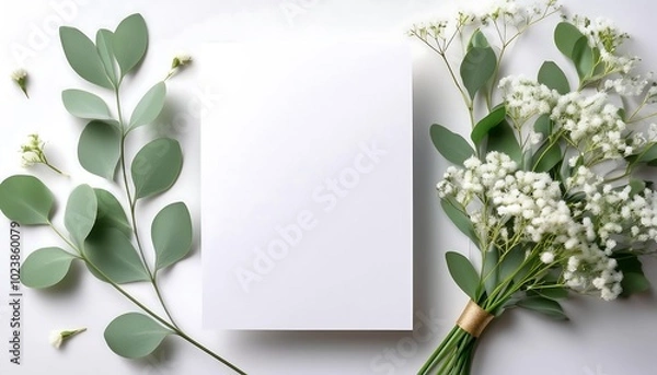 Fototapeta Elegant wedding invitation card surrounded by eucalyptus branches and white gypsophila for a refined celebration. Generative AI