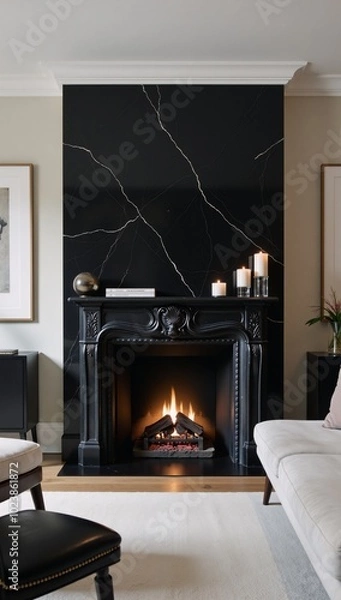 Fototapeta A living room featuring a sleek black marble fireplace as its centerpiece dcor element