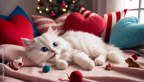 Fototapeta kitten playing with christmas balls