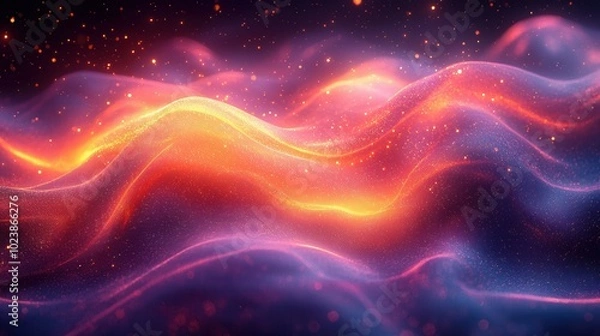 Fototapeta This abstract image depicts flowing waves of vibrant colors with sparkles, creating a mesmerizing visual experience. Perfect for backgrounds or art projects.