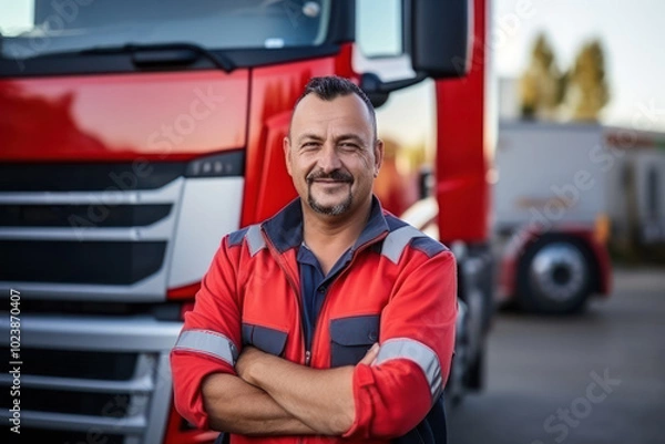 Fototapeta The driver standing confidently against the backdrop of a large truck represents strength and responsibility in the world of freight transportation and logistics