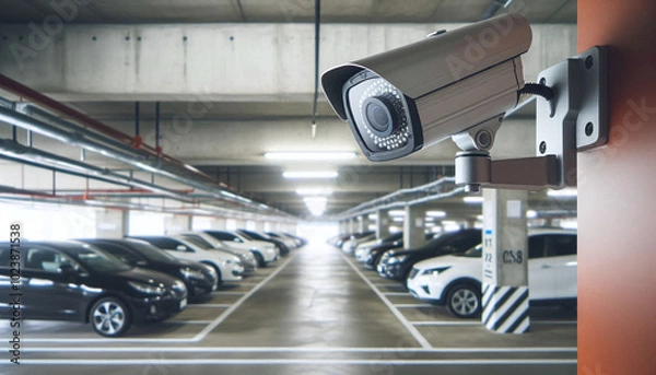 Fototapeta Surveillance Camera Monitoring Parking Garage for Security and Safety