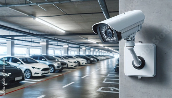 Fototapeta Surveillance Camera Monitoring Parking Garage for Security and Safety