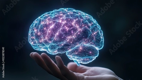 Fototapeta A glowing, digital representation of a brain is held in a hand, symbolizing knowledge and innovation.