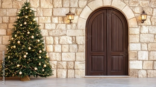 Fototapeta A charming old stone house reveals a beautifully decorated Christmas tree glowing warmly through its window on a peaceful winter night