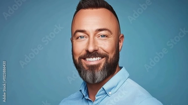 Fototapeta Portrait of a successful, bearded man with a warm smile and confident expression, exuding charisma and leadership qualities.