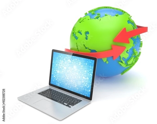 Fototapeta Laptop network and earth globe. 3d render
