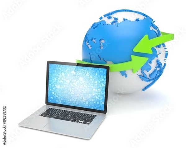 Fototapeta Laptop network and earth globe. 3d render