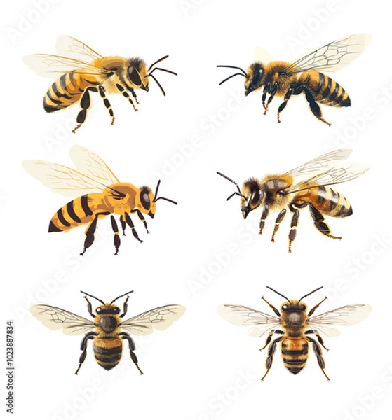 Fototapeta Collection of six bees in different poses. Detailed vector illustration isolated on white background. Design for educational material, posters, and prints.