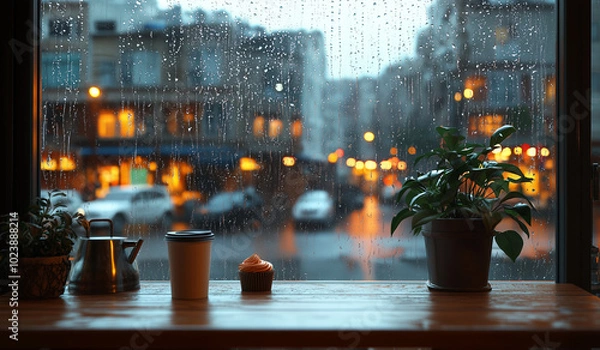 Fototapeta Cozy Cafe Mockup with Rainy Street View and Wooden Table Setup