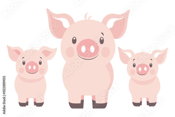 Fototapeta Illustration of three cartoon piglets standing side by side. Cute vector art isolated on a white background. Design for children’s prints, posters, and greeting cards.