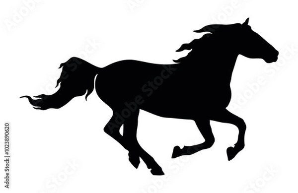 Fototapeta Silhouette of a running horse. Solid black vector silhouette of a horse in motion, isolated on a white background. Speed and freedom concept. Design for logos, posters, and prints.