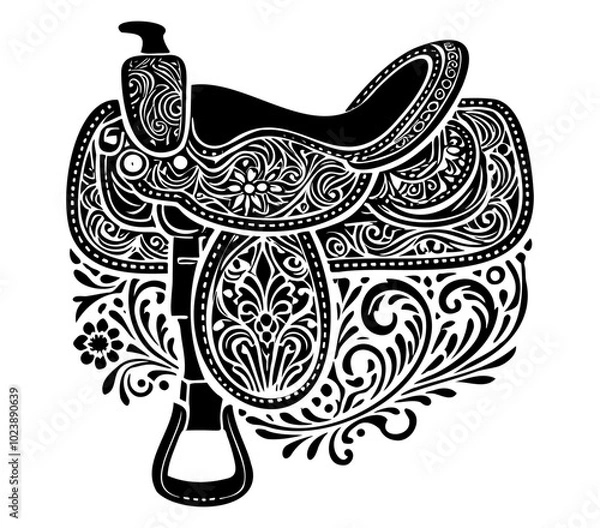 Fototapeta Decorative western saddle with intricate patterns. Black and white vector illustration of a highly detailed western saddle, isolated on a white background. Horse riding and cowboy culture concept. Des