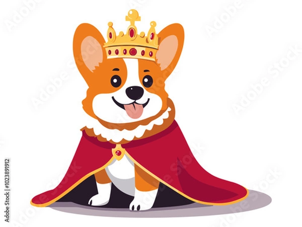 Fototapeta Corgi wearing a crown and red cape. Colorful vector illustration of a Corgi dressed as royalty, isolated on a white background. Pet and royalty concept. Design for greeting cards, posters, and childre