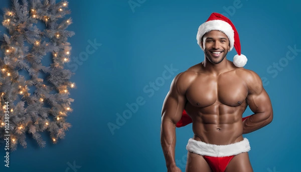 Obraz Man smiling for a photo by a Christmas tree wearing a Santa hat.