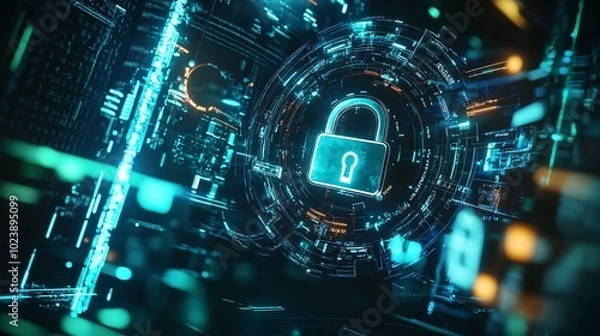 Fototapeta Futuristic Digital Security Concept with Glowing Padlock and Data Flow