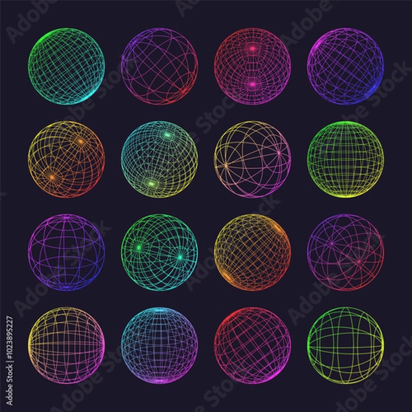Fototapeta Neon wireframe shapes, lined sphere. Perspective mesh, 3d grid. Low poly geometric elements. Retro futuristic design elements, y2k, vaporwave and synthwave style. Vector illustration